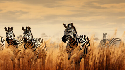A herd of zebras running through a field.Generative Ai - obrazy, fototapety, plakaty