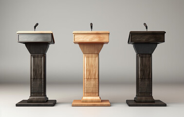 Podium Tribune . Debate Podium Rostrum Stand With Microphones. Business Presentation Or Conference, Speech Isolated 