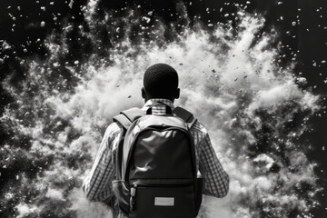 Provocative black and white stylized depiction of verbal abuse at school, represented by a silhouette of a backpack engulfed in a storm of harsh words. - obrazy, fototapety, plakaty