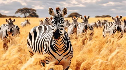 Fotobehang A herd of zebras running through a field.Generative Ai © Shades3d