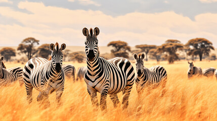 Obraz premium A herd of zebras running through a field.Generative Ai