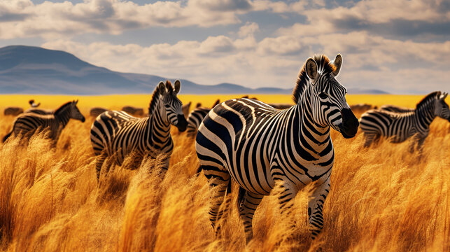 A herd of zebras running through a field.Generative Ai