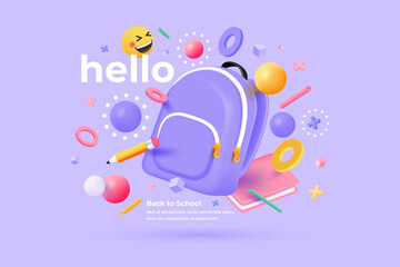 School supplies floating in the air with blue backpack in foreground and purple pastel background. Back to school and education concept 3d rendering. Vector 3d Illustration