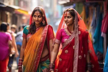 two Indian women in national sari dress walk down the street in India. Mumbai, Bombay, Delhi, Varanasi. festival of colors Holi.