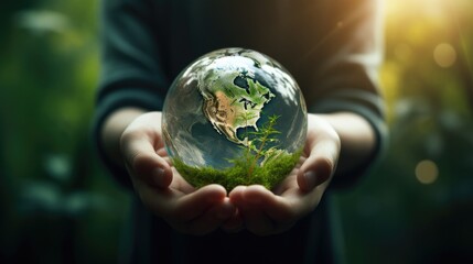 Environment, Green, Nature, Child, Globe, Palms, Hands, Miniature, Earth, World. Master Of Our Destiny. Closeup on two young hands of a child holding a little fragile Earth sphere in his palms.