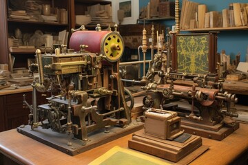 antique bookbinding workshop with old machinery - obrazy, fototapety, plakaty