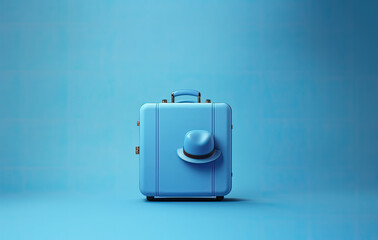 blue Travel Suitcase with blue hat on Blue background