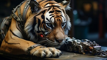 Portrait of a  robotic paw  tiger 