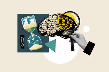 Composite sketch photo concept abstract collage of arm hold magnifier glass study secrets of brain...