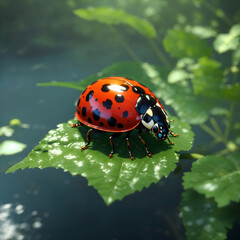 ladybug on a green leaf, lake