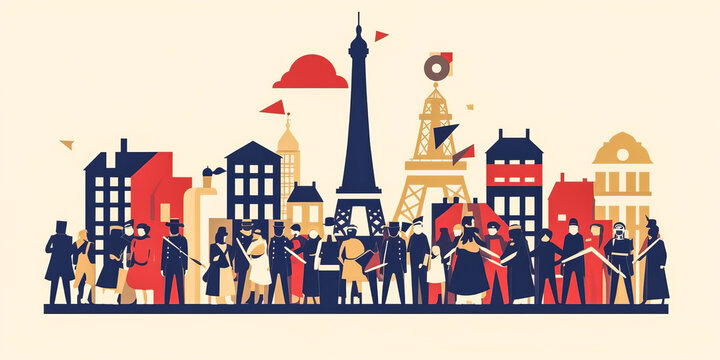 Captivating modern flat design illustration of the French Revolution, overlaying a plain color background with ample copy space. A dynamic piece sparking emotion.