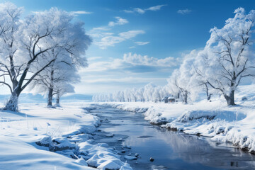 Beautiful hoarfrost, which is a natural phenomenon in winter, adheres to the trees, creating a fantastic snowscape and the scenery reflected on the surface of the river. 