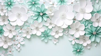 3D white floral pattern, Flowers, Daisies texture, Rectangular, Green nature. Light Green and White Three-dimensional Floral Pattern. 3D flowers texture on white sheet.
