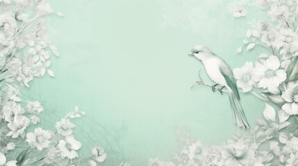 Floral Pattern, White Flowers, Bird Texture, Spring, Nature, Twig, Green. Little cute sparrow on twig as a decoration. Pattern with blank wide space in the center of the image.