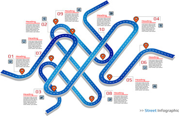 Infographic roadmap, timeline business design template. Street Infographic. Vector illustration. Two Blue streets, Two roadmap ways, Target places.