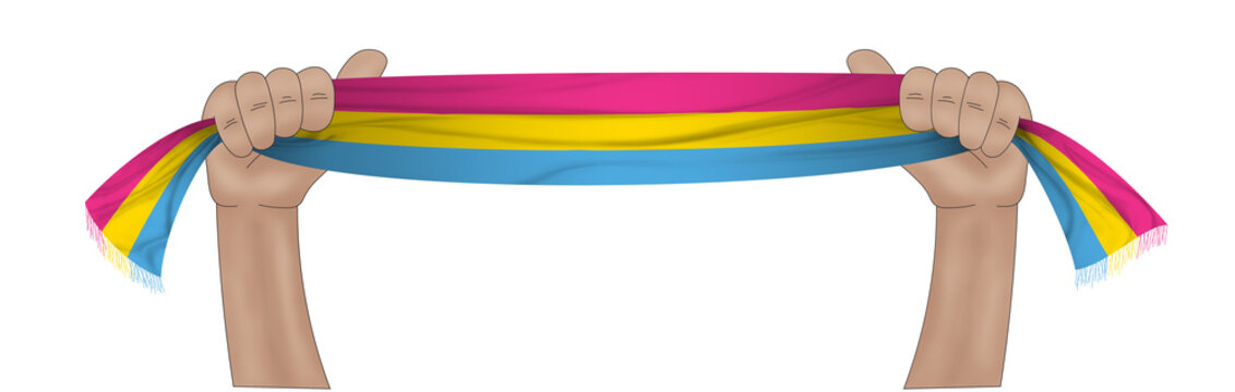 3d illustration. Hand holding flag of Pansexual on a fabric ribbon background. Freedom and love concept. Activism, community and freedom Concept.