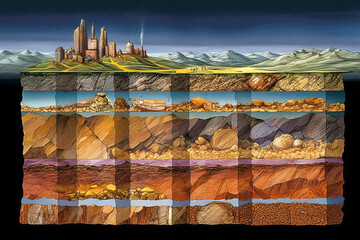 Vivid image of Earth's crust cross-section showcasing diverse geological layers and a highlighted drill exploring China's rich oil and gas deposits. - obrazy, fototapety, plakaty