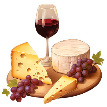 wine glass, cheese, grapes on wooden board clip art preview