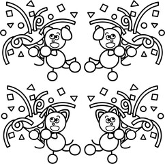 クラッカーを鳴らすわんまるとにゃんまるの線画セット　犬　猫
