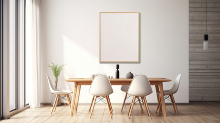 Empty frame on wooden table with flowers on white wall.Generative Ai