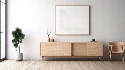 Empty frame on wooden table with flowers on white wall.Generative Ai