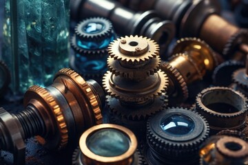 close-up of vintage microscope lenses and gears