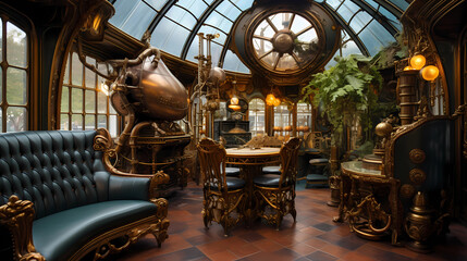 Fototapeta na wymiar teahouse with intricate brass and leather decor