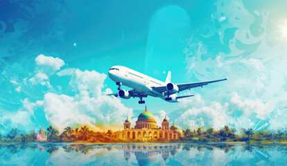ilustration airplane in the sky travel world landmarks