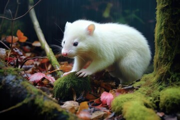 albino raccoon foraging for food in a wooded area
