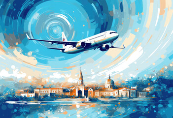 ilustration airplane in the sky travel world landmarks