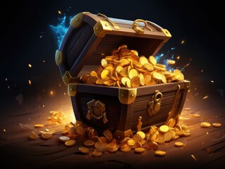 An open Treasure Chest filled with a lot of gold coins isolated on dark background
