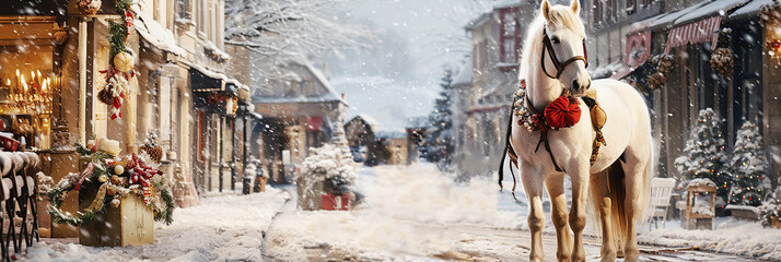White horse in a Christmas harness against the backdrop of a snow-covered and holiday decorated town. Outdoor. Classical Christmas banner . Generative Ai
