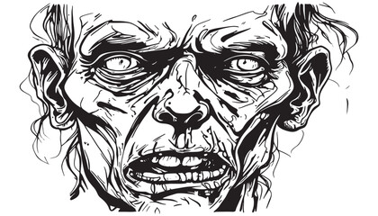 Zombie head vector illustration sketch, drawn with black lines, isolated on white background, for halloween holiday