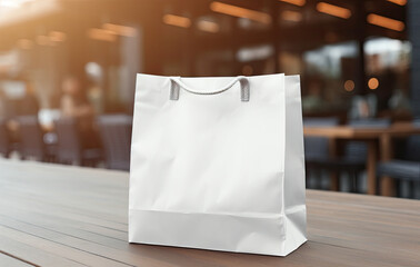 white paper bag isolated mockup Cafe blured background