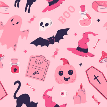 Pink magic halloween seamless pattern with spirit, witch hat, pumpkin, grave, bat, cat. Barbiecore style vector illustration