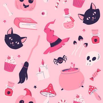 Pink magic halloween seamless pattern with cat, witch hat, pumpkin,broom, potion, mushroom. Day of the dead barbiecore style vector illustration