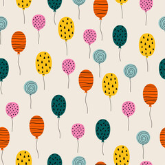 Bright seamless pattern with balloons. Hand drawn various balloon. Cute baby background. Funny decor for a party, birthday, textiles, clothing, packaging, interior.