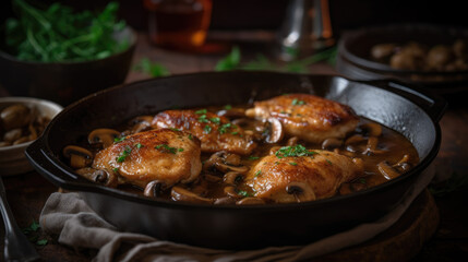 Fototapeta premium Skillet of Chicken Marsala with Mushrooms on.