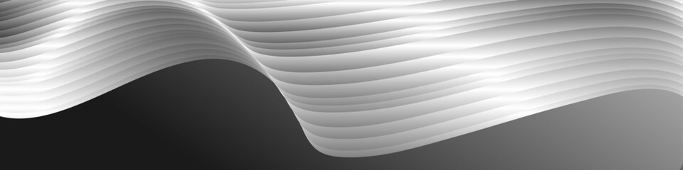 Monochrome cover design, abstract background. Wavy silver parallel gradient lines, ribbons, silk. Black and white with shades of gray banner, poster. eps vector