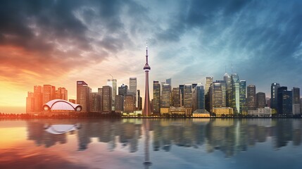 Fototapeta premium Photo of a bustling city skyline with towering skyscrapers