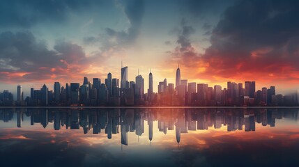 Photo of a stunning city skyline at sunset with a mesmerizing reflection in the water