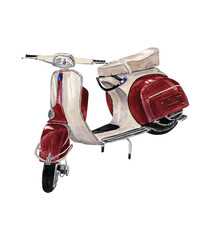Red and white vintage scooter motorbike. Watercolor illustration isolated on transparent.. Hand drawn.