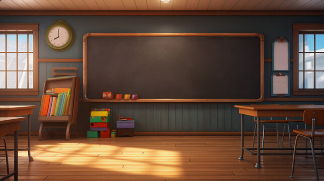 Empty Classroom Background with Chalkboard. Tables and seats on wooden floor. Education and Back to school concept. Architecture interior.