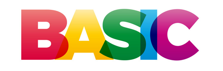 The word Basic. Vector banner with the text colored rainbow.