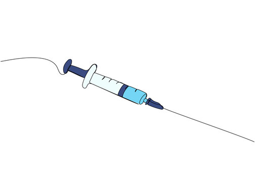 recommend clip art: Syringe, injection, vaccination, medical supplies, equipment one line color art. Continuous line drawing of medication, needle, healthcare, clinical, disposable, tool, narcotic, healthy, pandemic
