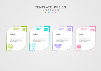 infographic template 4 business steps white acute squares and multi color frame numbers in the upper right corner lower left corner icon gray gradient background design for marketing, product, project