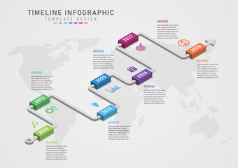 3d infographic timeline 7 years gray center navigation arrow Multi-colored polygons with white numbers above the left and right isometric icons with letters. map below gray gradient background