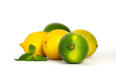 Group of lemons and limes on white background