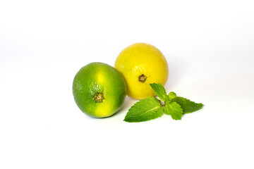 Fresh lime and lemon with mint leaves on white background