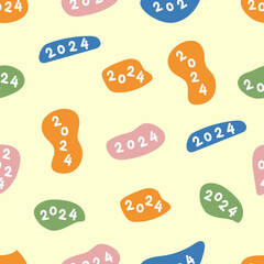Happy new year 2024 seamless pattern vector. Minimalist repeat pattern of year 2024. Colorful pattern for year 2024 hand draw in cute style.
